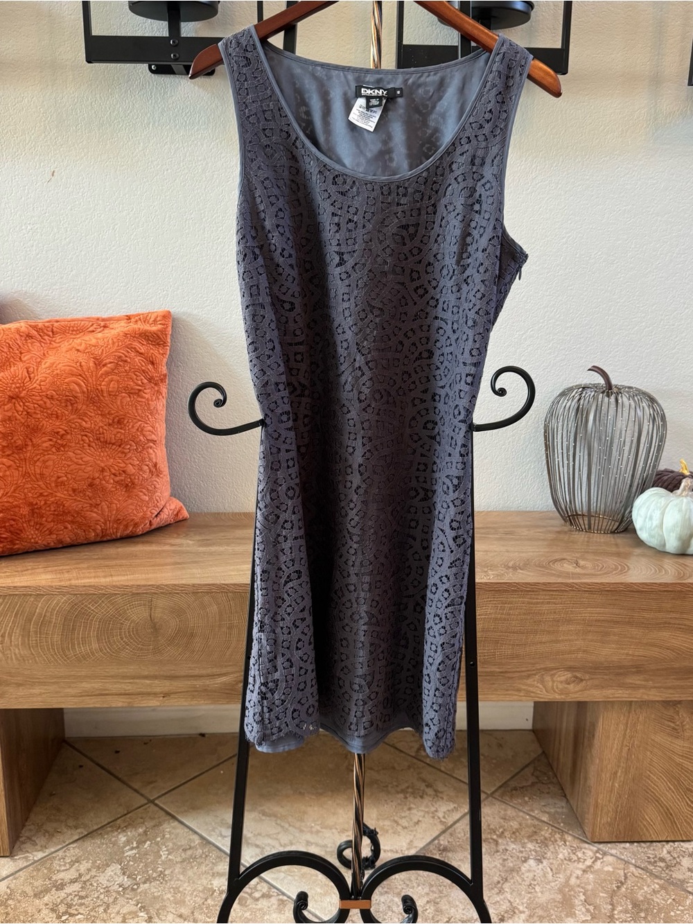 DKNY Charcoal Gray Lace-Pattern Mini Dress